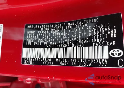 2021 Toyota Corolla Le z USA, uszkodzony, nr VIN 5YFEPMAE6MP196640